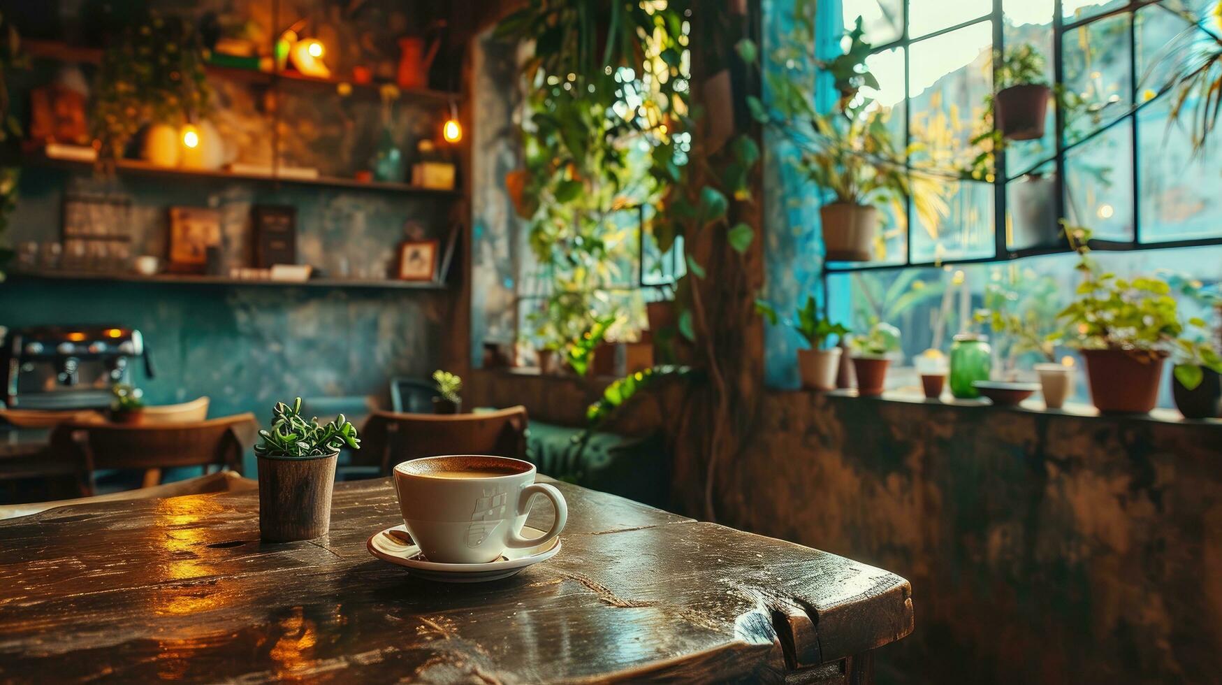 ai-generated-an-aesthetic-studio-coffee-shop-interior-featuring-a-coffee-cup-and-plant-free-photo